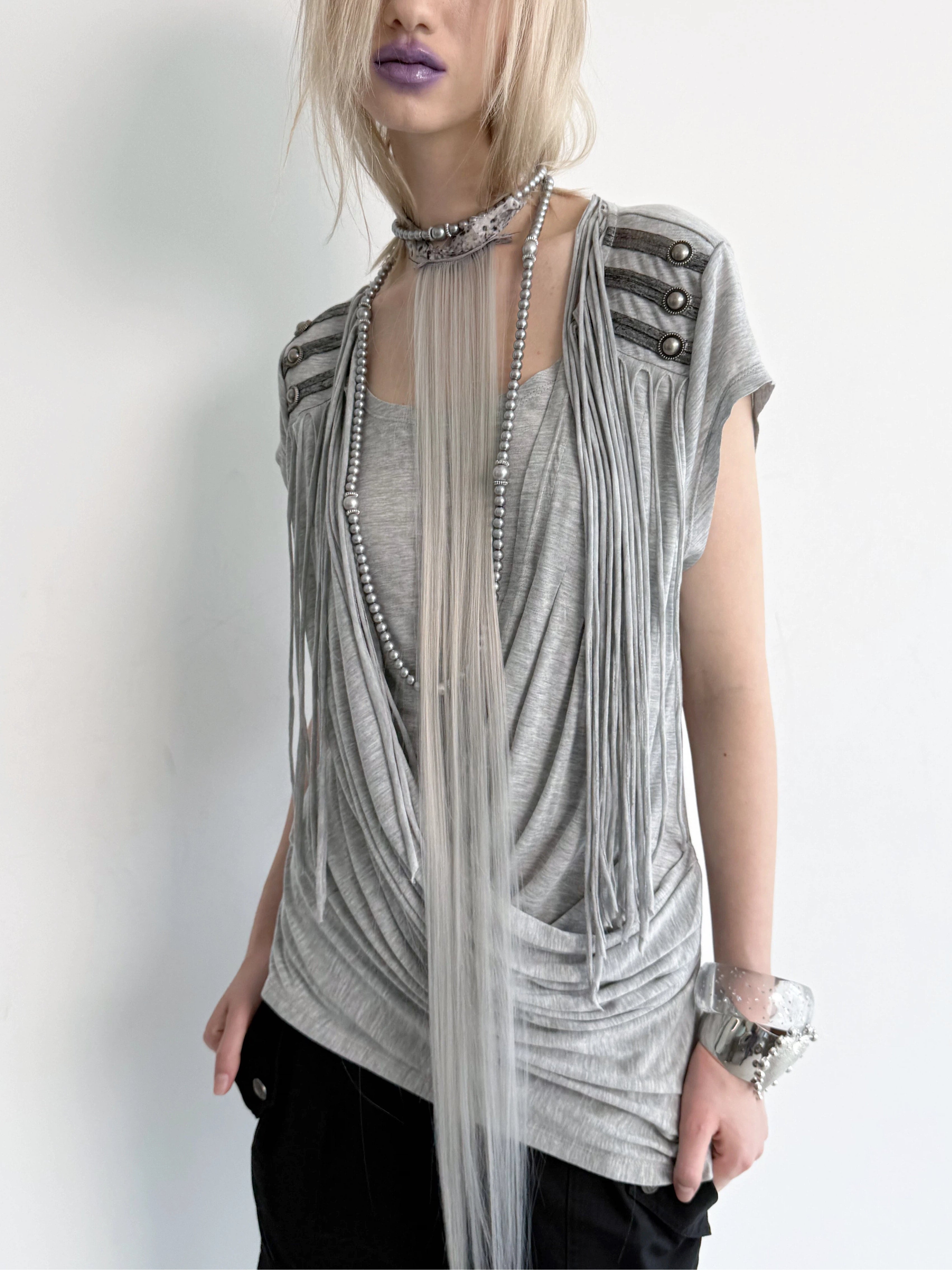 Victory Fringed Draped Top | Grey