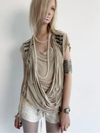Victory Fringed Draped Top | Beige