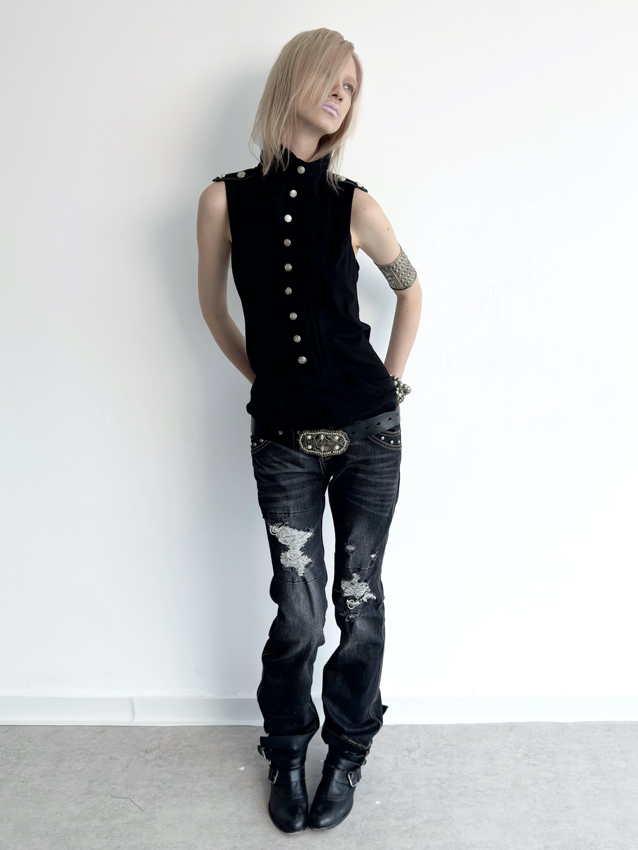 Piqué Sleeveless Top | Black