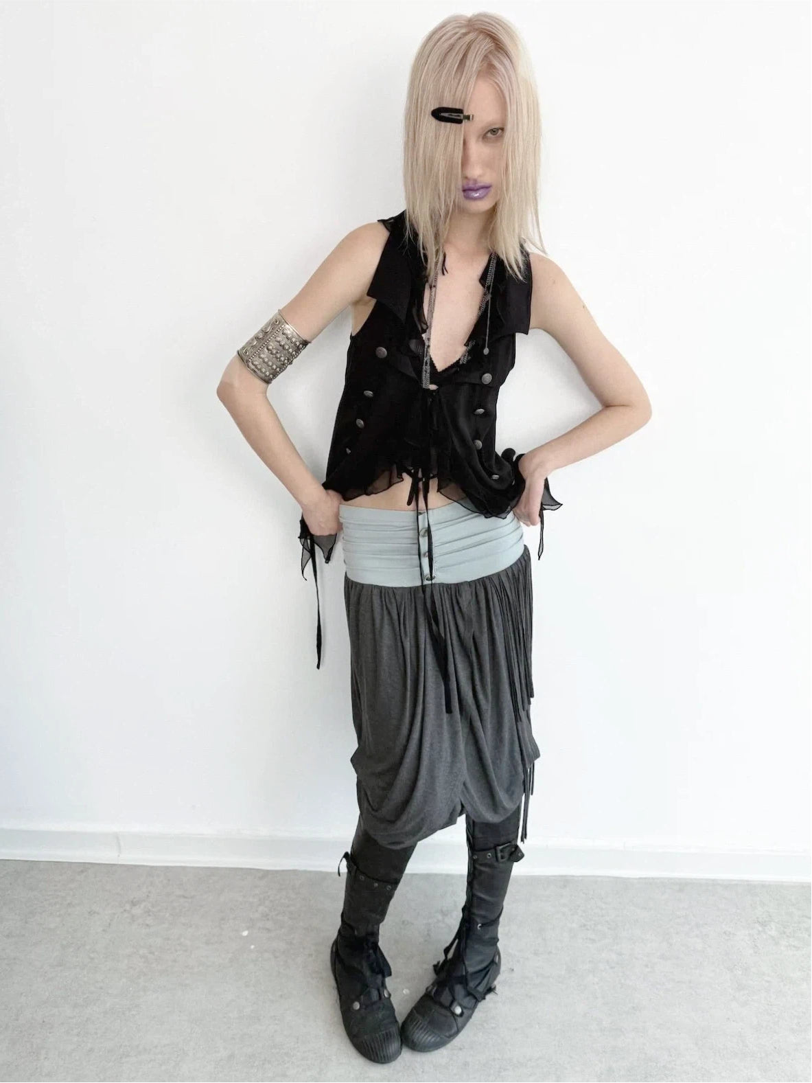 Tulip Fringed Skirt | Blue & Dark Grey