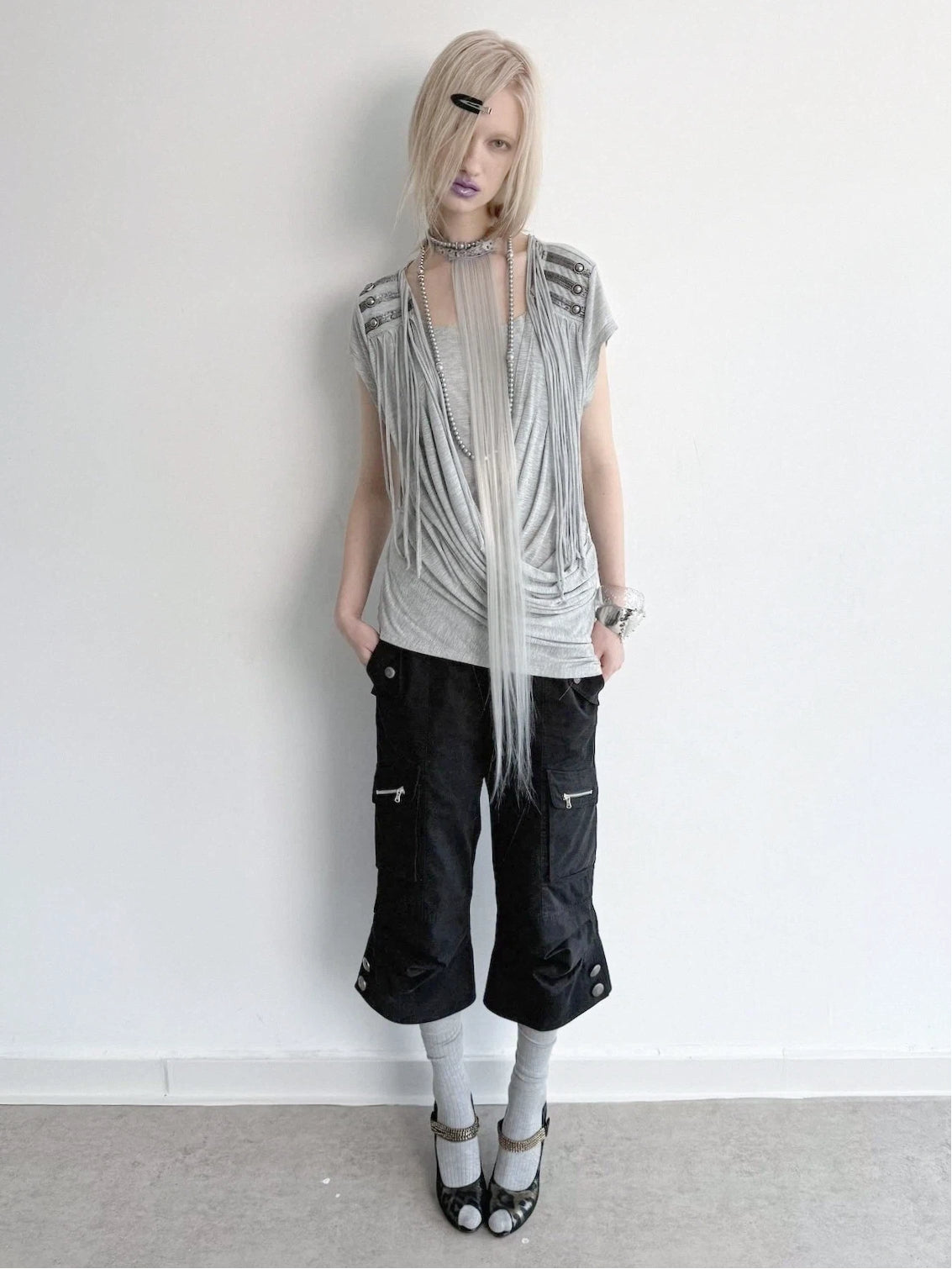 Victory Fringed Draped Top | Grey