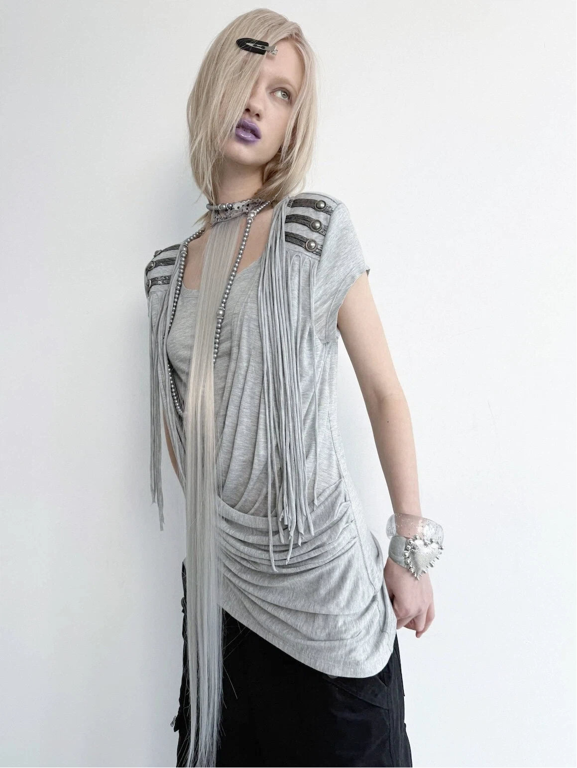 Victory Fringed Draped Top | Grey