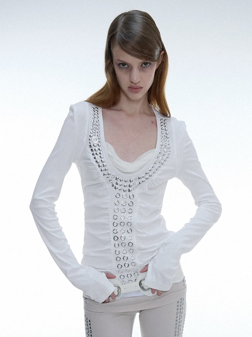 Aegis Studded Top, Long Sleeves | White