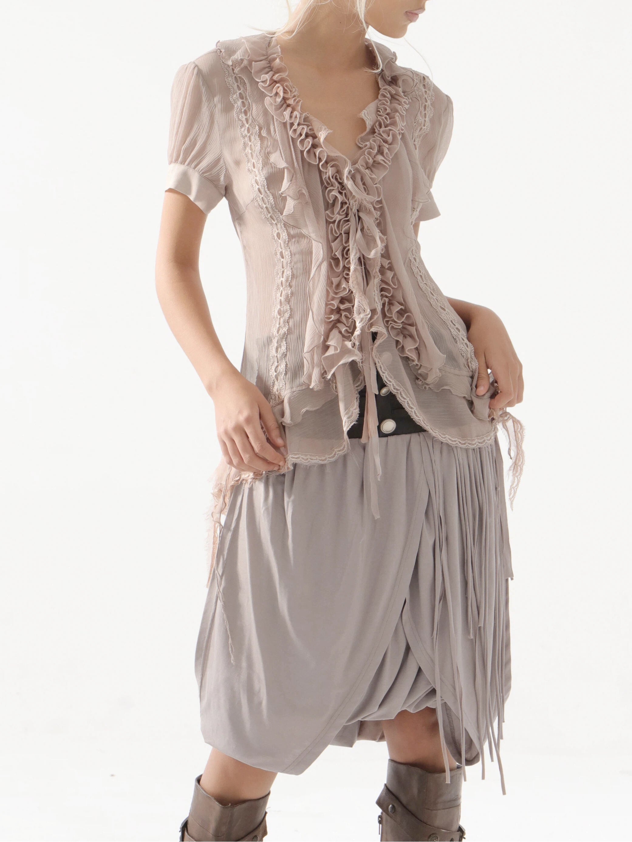 Tulip Fringed Skirt | Grey & Pale Pink