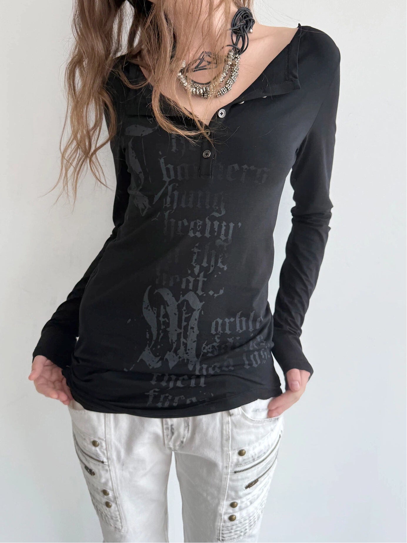 Graphic Henley Top  | Black
