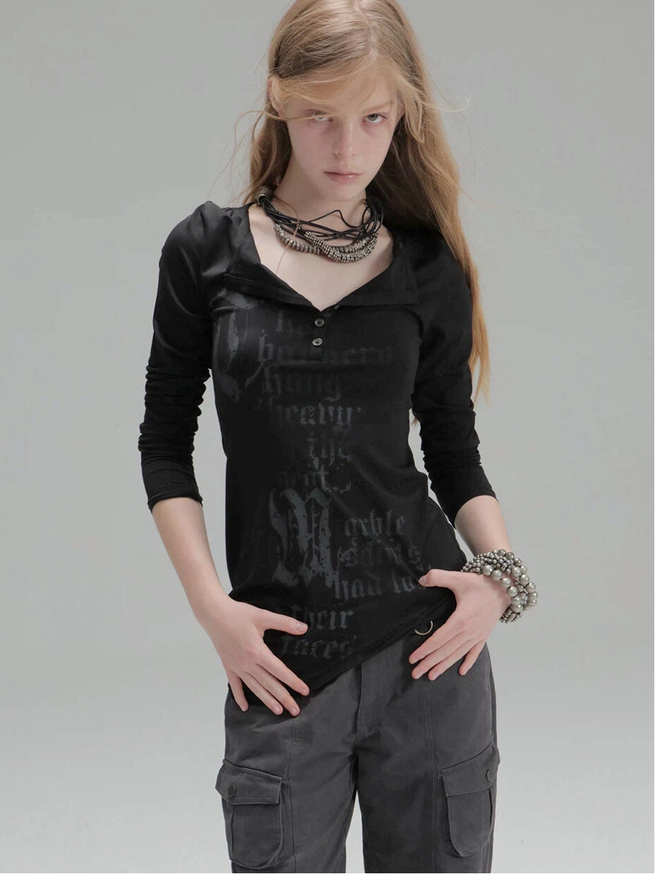 Graphic Henley Top  | Black