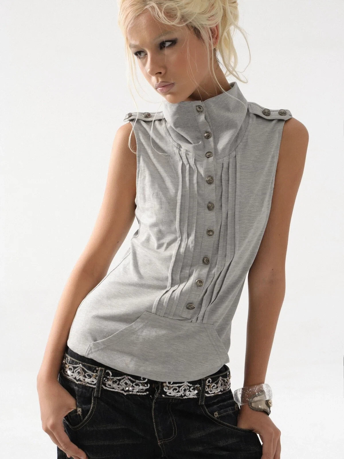 Piqué Sleeveless Top | Grey