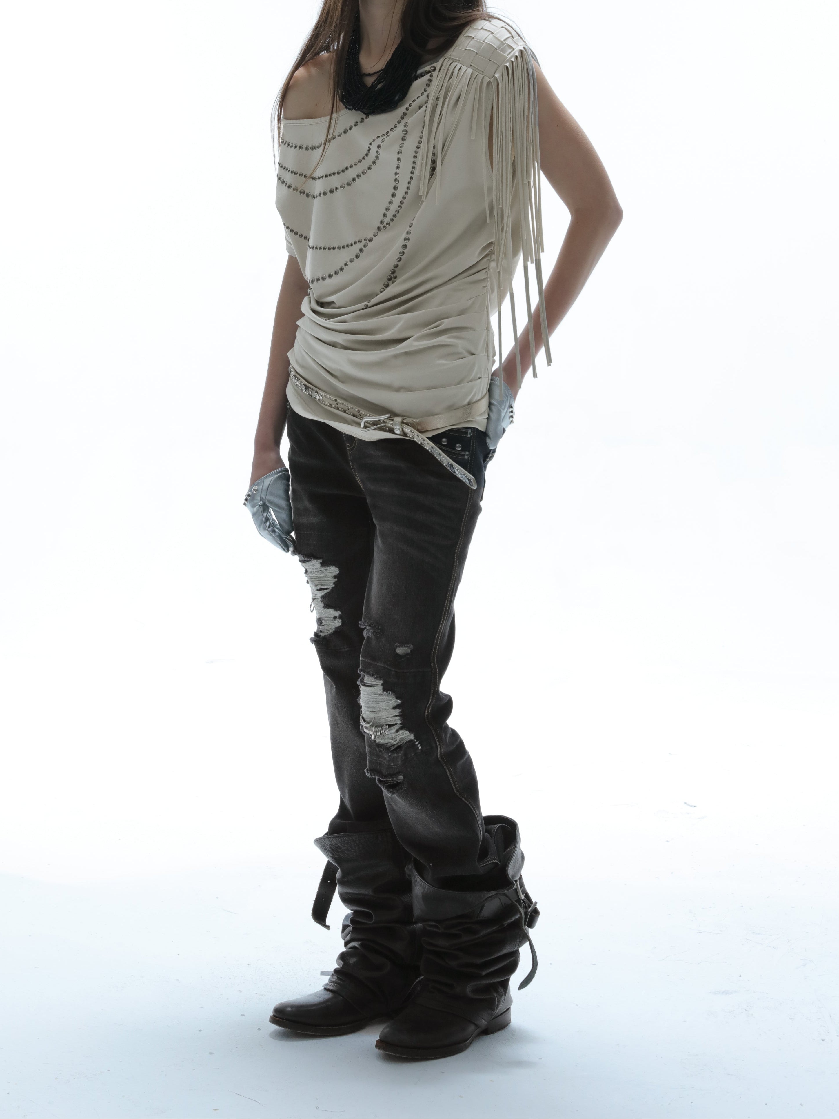 Fringed Slouchy Top | Beige