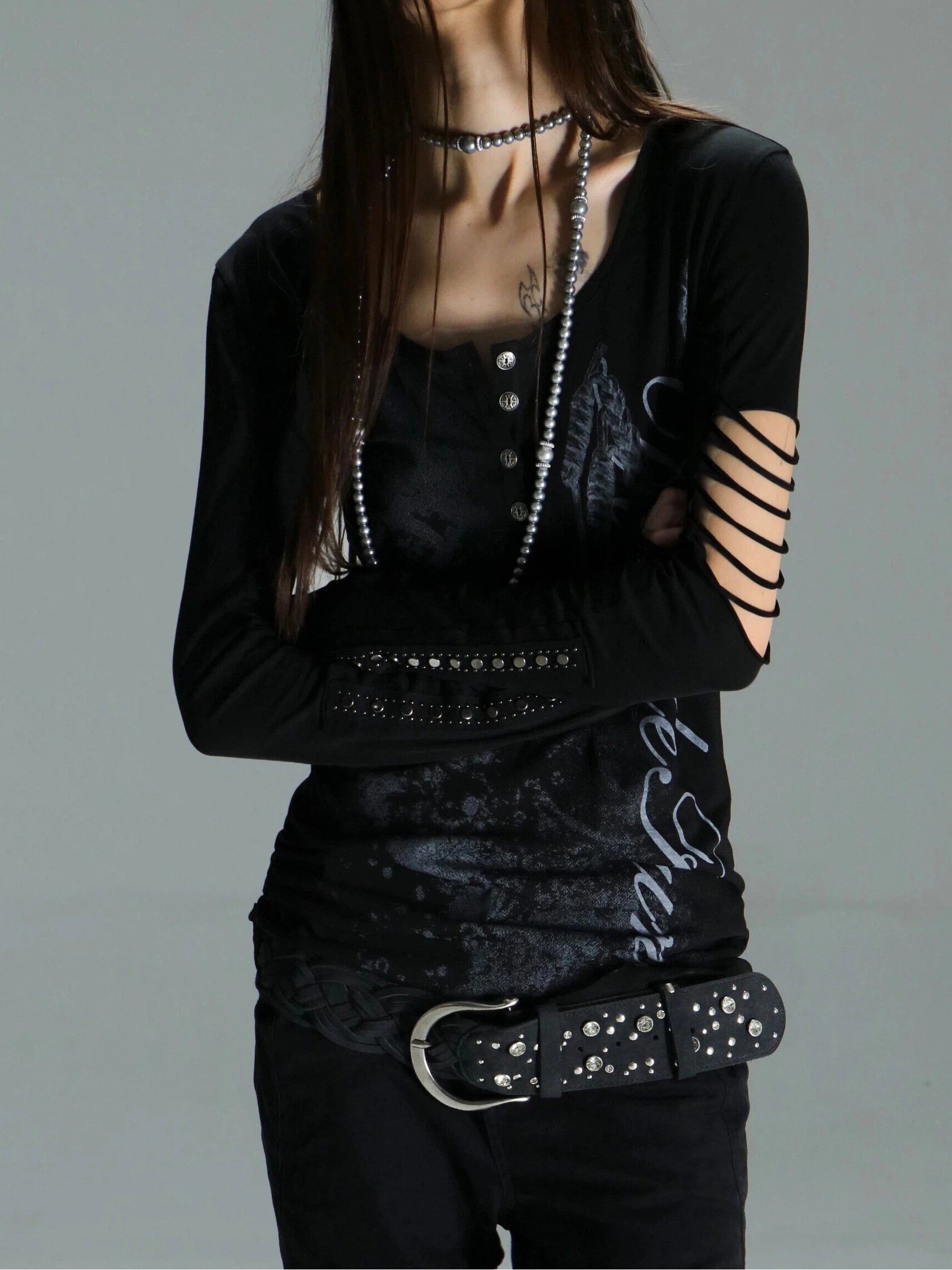 【DoublePunch】スタッズ ドレープ フーディー タンクトップ Tops – Double Punch