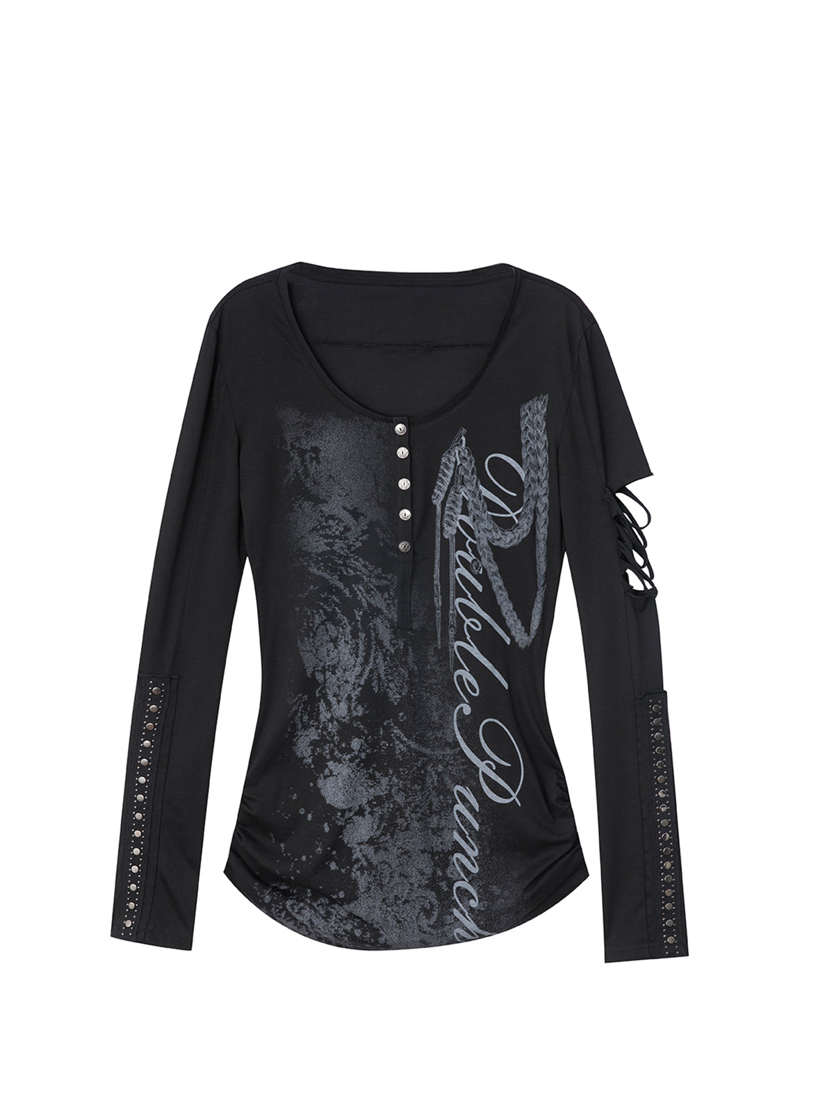 Long sleeve Henley top in ghost black from the Double Punch SS26 'Illusory Glory' collection featuring a distressed graphic print, silver-tone buttons, a cutout sleeve, and studded forearm panels.