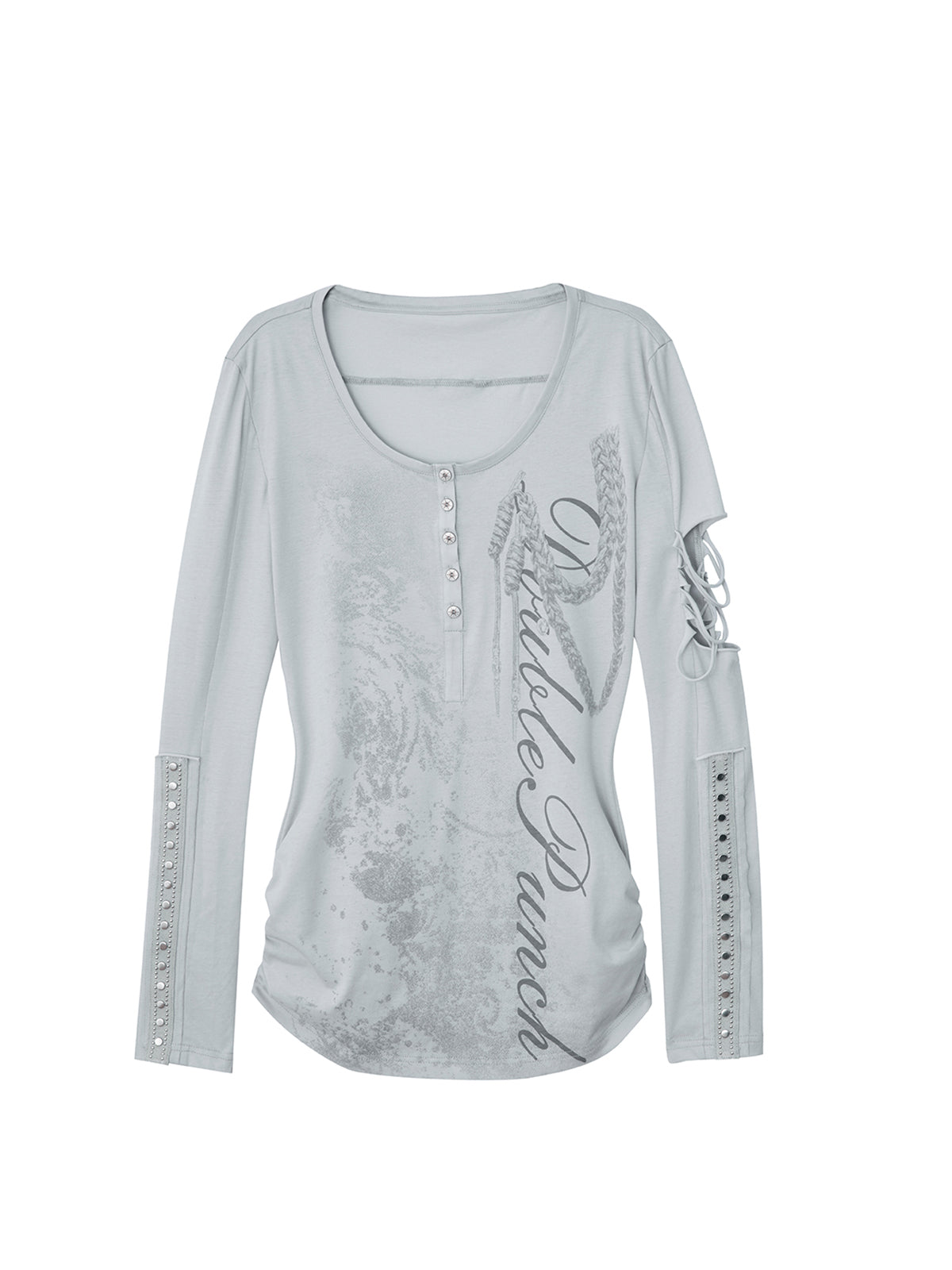 Long sleeve Henley top in mist blue from the Double Punch SS26 'Illusory Glory' collection featuring a distressed graphic print, silver-tone buttons, a cutout sleeve, and studded forearm panels.