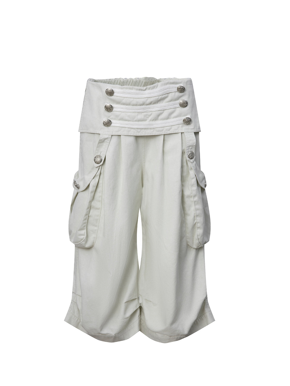 Victory jorts in beige from the Double Punch SS26 'Illusory Victory' collection. Flipped waistband design. Napoleon military jacket inspired double-breasted decorative buttons. Large side pockets. Baggy cargo shorts silhouette. Soft, comfortable 100% cotton fabric.